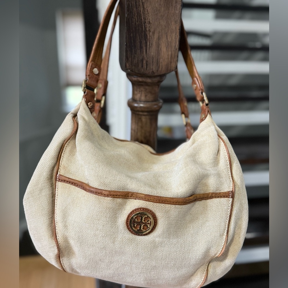 Tory Burch Shoulder Bag Canvas Leather Gold Logo Handbag Ladies Natural/Brown